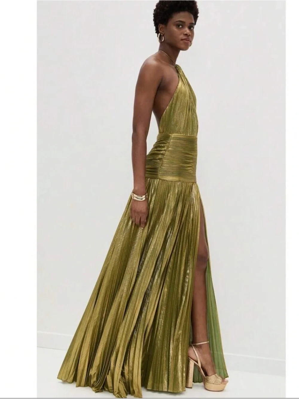 Gold One-Shoulder Pleated Maxi Dress with Halter Neck - Picture 4 of 6